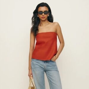 Reformation Millie Linen Strapless Top, Blood Orange, size small